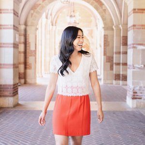 Sezane white lace and red colorblock dress, size 36